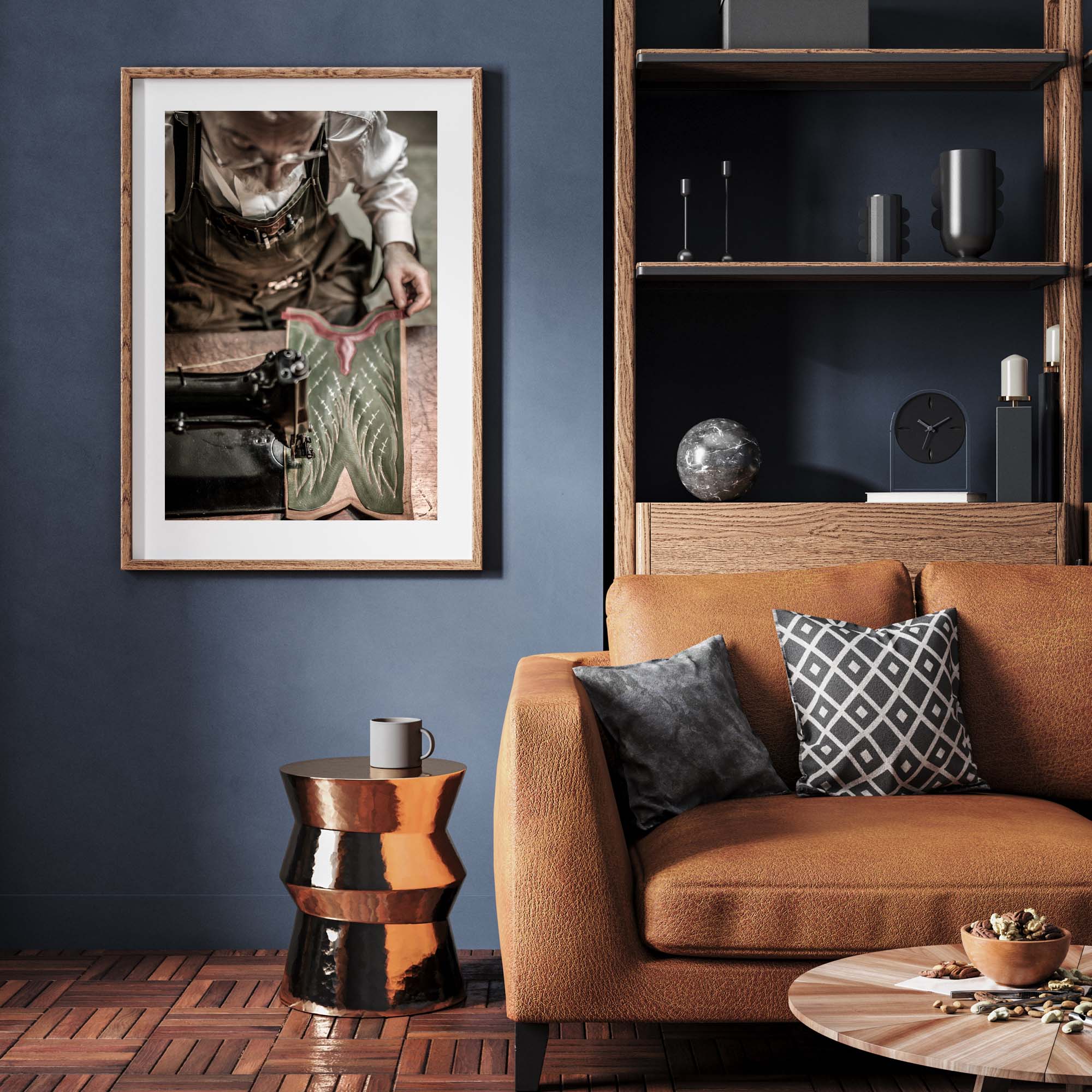 Tadd Myers, Making Boots sewing the upper leather print in a frame on a wall