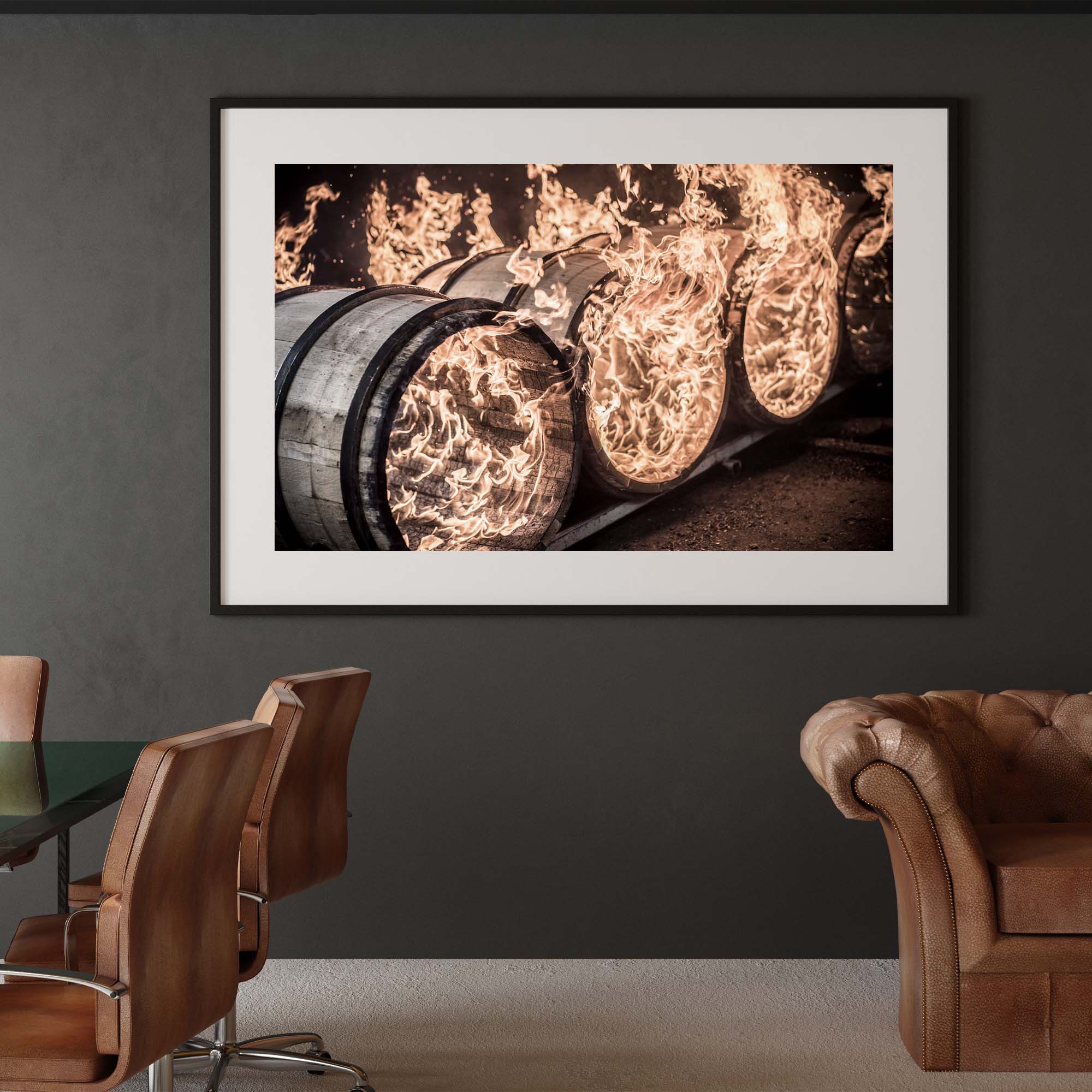 Whiskey Barrels with Flames photo print on a wall, Tadd Myers Photography